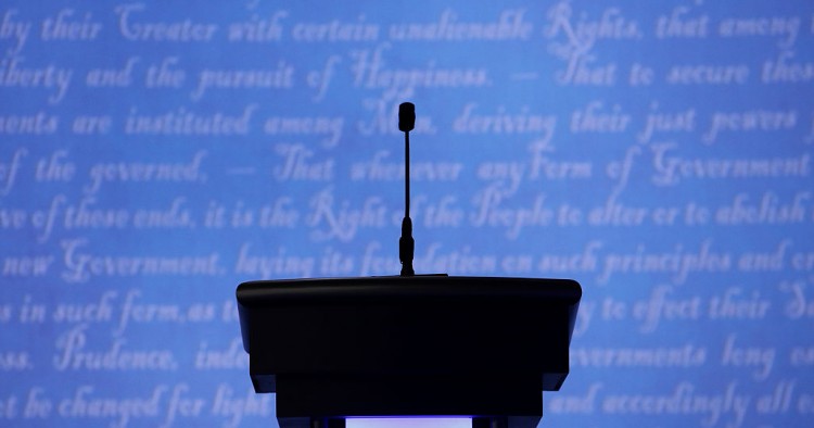 A candidates podium seen prior to the start of the third U.S. presidential debate at the Thomas & Mack Center on October 19, 2016 in Las Vegas, Nevada. 