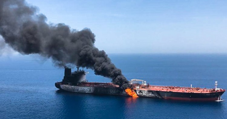 This photo reportedly shows fire and smoke billowing from Norwegian owned Front Altair tanker said to have been attacked in the waters of the Gulf of Oman