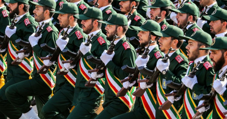 Members of Iran's Revolutionary Guards Corps (IRGC) march during the annual military parade marking the anniversary of the outbreak of the devastating 1980-1988 war with Saddam Hussein's Iraq, in the capital Tehran on September 22, 2018.
