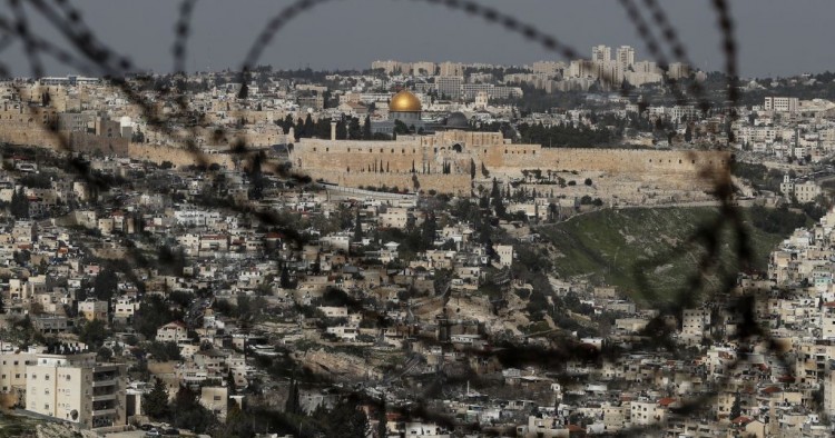 A picture taken on February 1, 2019 from Jabel Mukaber, a Palestinian neighbourhood in Israeli-occupied East Jerusalem shows the Dome of the Rock mosque (golden dome) and al-Aqsa Mosque (silver dome) at the al-Aqsa Mosque compound in Jerusalem's Old City. 