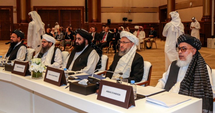 Afghan Taliban delegation attends the Intra Afghan Dialogue talks in the Qatari capital Doha on July 7, 2019.