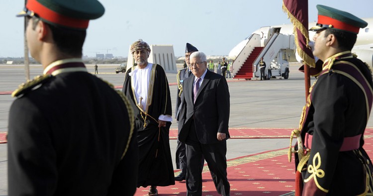 In this handout from the Palestinian Press Office, Palestinan President Mahmoud Abbas (R) meets with Oman's Sultan Qaboos bin Said on January 14, 2010 in Muscat, Oman. 