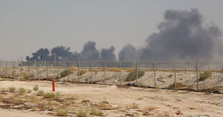 Smoke billows from an Aramco oil facility in Abqaiq about 60km (37 miles) southwest of Dhahran in Saudi Arabia's eastern province on September 14, 2019.