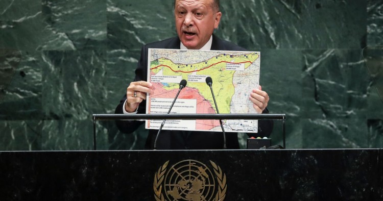President of Turkey Recep Tayyip Erdogan holds up a map of the safe zone Turkey in in favor of while speaking to the United Nations General Assembly at UN headquarters on September 24, 2019 in New York City. 