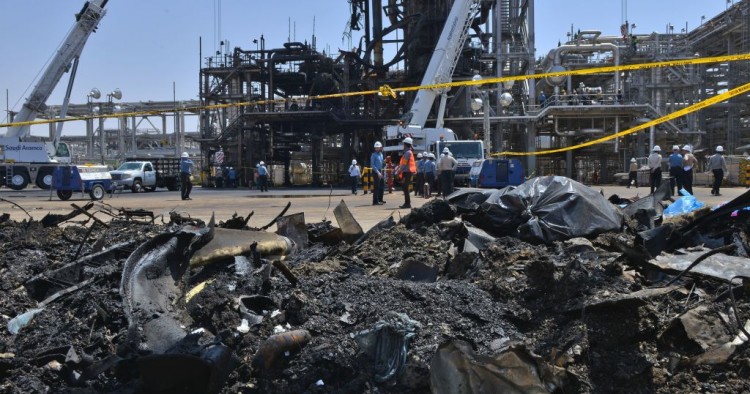 A destroyed installation in Saudi Arabia's Khurais oil processing plant is pictured on September 20, 2019.