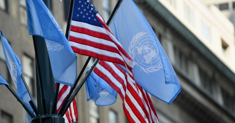 Flags of the United Nations and the United States of America are seen on September 23, 2019 in New York City.