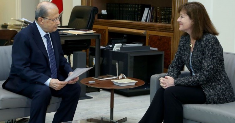 Lebanese President Michel Aoun (L) meets U.S. Ambassador to Lebanon Elizabeth Richard (R) at Baabda Palace in Beirut, Lebanon on May 9, 2019.