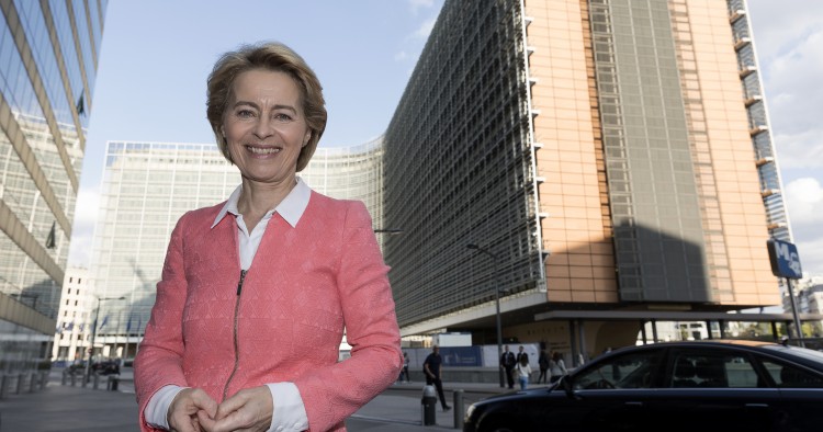 BRUSSELS, BELGIUM - SEPTEMBER 10, 2019: EU Commission President-elect Ursula von der Leyen is posing in front of the Berlaymont, the EU Commission headquarter on September 10, 2019. Today, the elected President Ursula von der Leyen presented the new Commission, it will reflect the priorities and ambitions set out in the Political Guidelines. The Commission is structured around the objectives President-elect von der Leyen was elected on by the European Parliament. (Photo by Thierry Monasse/Getty Images)