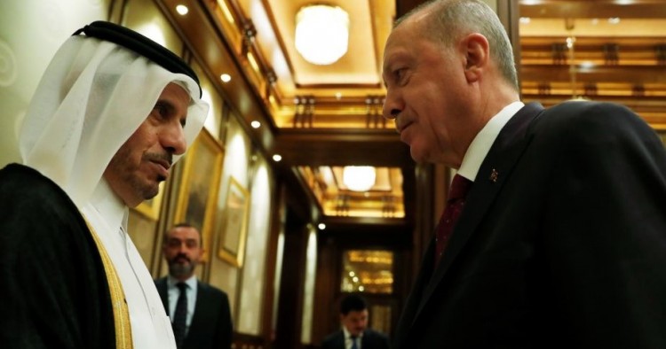 Turkish President Recep Tayyip Erdogan (R) shakes hands with Qatari Prime Minister Sheikh Abdullah bin Nasser bin Khalifa Al Thani (L) following their meeting at the Presidential Complex in Ankara, Turkey on October 30, 2019.