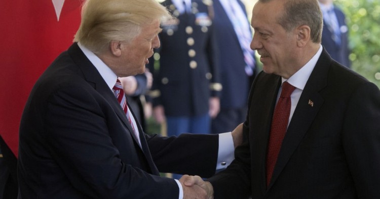 US President Donald Trump shakes hands with Turkish President Recep Tayyip Erdogan as he arrives for meetings at the White House in Washington, DC, May 16, 2017.