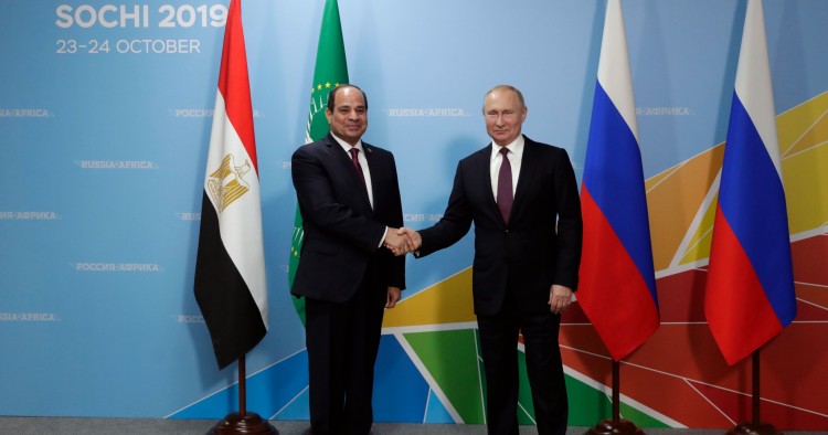 Russian President Vladimir Putin (R) meets with his Egyptian counterpart Abdel Fattah el-Sisi on the sidelines of the 2019 Russia-Africa Summit in Sochi on October 23, 2019. (Photo by Mikhail METZEL / SPUTNIK / AFP) (Photo by MIKHAIL METZEL/SPUTNIK/AFP via Getty Images)