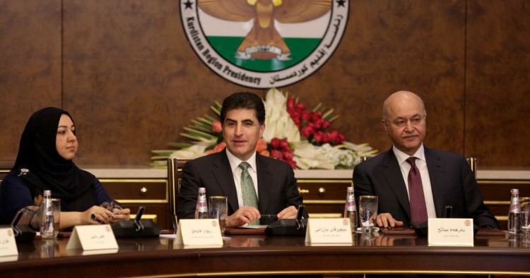 President of Iraqi Kurdish Regional Government (KRG), Nechirvan Barzani (C), President of Iraq Barham Salih (R) and Speaker of the parliament Rewaz Faiaq (L) attend a meeting on the current developments in Iraq on November 05, 2019 in Erbil, Iraq.