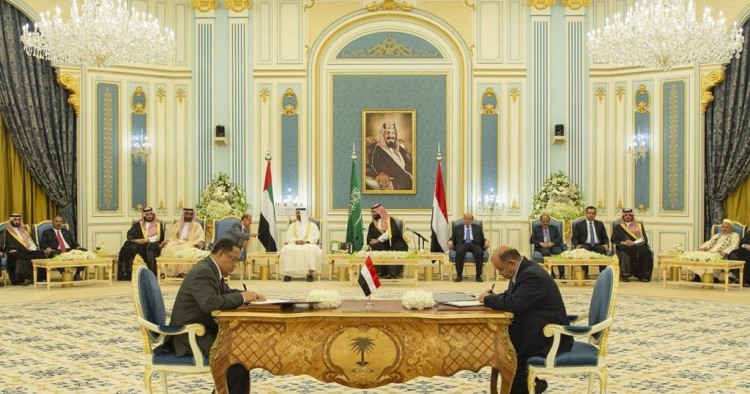 ) Yemeni Deputy Prime Minister Ahmed Saeed al-Khanbashi (R) and Southern Transitional Council (STC) representative Nasser al-Habci (L) are seen during a signing ceremony of 'Riyadh Agreement' between the Yemeni government and the United Arab Emirates (UAE)-backed separatist forces, Southern Transitional Council (STC) in Riyadh, Saudi Arabia on November 05, 2019. 