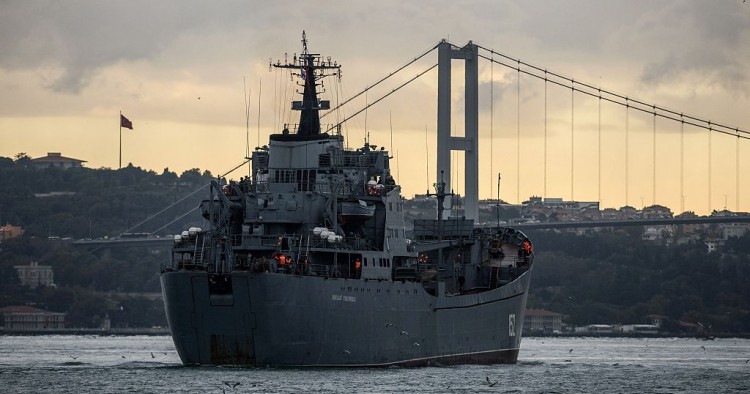 Russian Tapir class landing warship BSF Nikolay Filchenkov 152 passes the Bosphorus Strait off Istanbul on October 18, 2016.