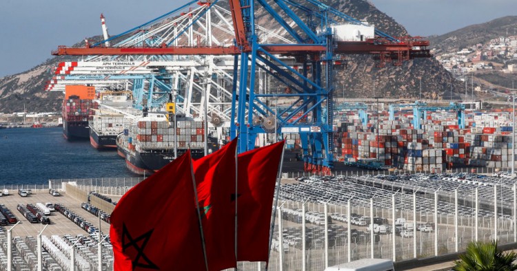 This picture taken on June 28, 2019 shows a view of container cranes at terminal I of the Tanger Med port in the northern city of Tangiers on the Strait of Gibraltar