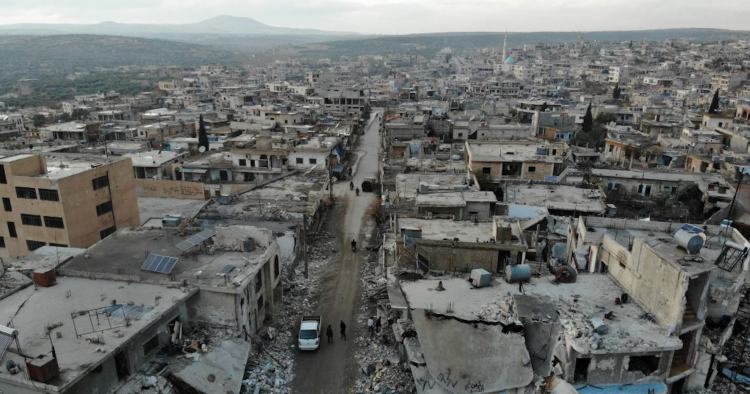 An aerial view taken on December 8, 2019 shows the damage caused by reported Syrian regime and Russian air strikes the previous day in the town of Al-Bara in the south of Syria's Idlib province, that killed at least four civilans, including a child and wounding several others. 