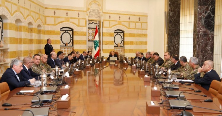 President of Lebanon Michel Aoun, Lebanese President Saad Hariri, Lebanese Army Commander Joseph Aoun and other ministers and officials attend Lebanon's Higher Defense Council meeting on "Lebanon's Security" at Baabda Presidential Palace in Beirut, Lebanon on February 07, 2018.