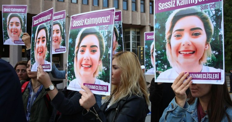 Women protest femicide before the trial regarding the death of Sule Cet, who was allegedly killed by being thrown off the 20th floor of a luxury building in Ankara, on November 8, 2018. 