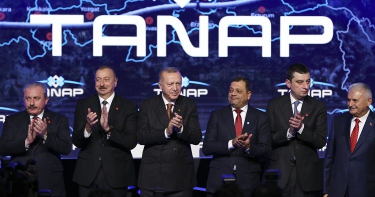 Turkish President Recep Tayyip Erdogan (3rd L) and Azerbaijani President Ilham Aliyev (2nd L) attend the opening ceremony of the TANAP-Europe connection in Ipsala district of Edirne, Turkey on November 30, 2019.