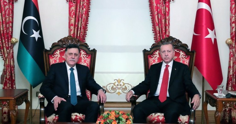 President of Turkey, Recep Tayyip Erdogan (R) meets chairman of the Presidential Council of Libya, Fayez Al-Sarraj (L) at Dolmabahce Office in Istanbul, Turkey on November 27, 2019.