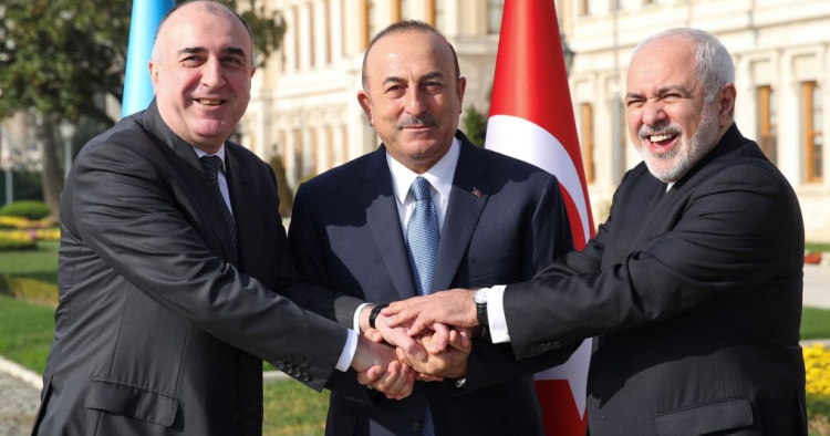 Turkish Foreign Affairs Minister Mevlut Cavusoglu (C), Minister of Foreign Affairs of Iran, Javad Zarif (R) and Azerbaijani Minister of Foreign Affairs, Elmar Mammadyarov (L) pose for a photo prior the tripartite meeting of foreign ministers of Turkey, Azerbaijan and Iran in Istanbul, Turkey on October 30, 2018. 