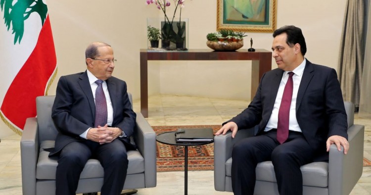 Lebanon's President Michel Aoun (L) meets with prime minister designate Hassan Diab at the presidential palace in Baabda, east of the capital Beirut, on January 21, 2020.