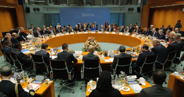 The main session at an international summit on securing peace in Libya at the Chancellery begins on January 19, 2020 in Berlin, Germany.