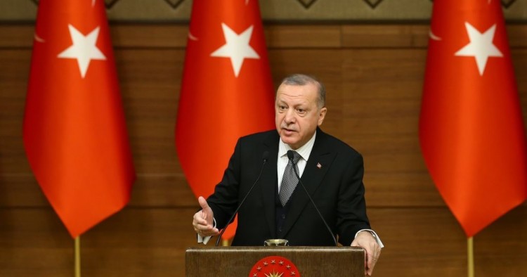  Turkish President Recep Tayyip Erdogan makes a speech as he attends the Symposium on Urban Security at the Presidential Complex in Ankara, Turkey on January 02, 2020.