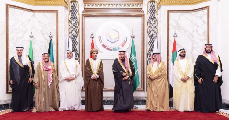 Saudi Arabian King Salman bin Abdulaziz al-Saud (C) poses for a family photo with Emir of Dubai Sheikh Mohammed bin Rashid Al Maktoum (2nd R), Crown Prince of Saudi Arabia Mohammad bin Salman (R), Bahrain King Hamed bin Isa Al Khalifa (3rd R), Oman Deputy Prime Minister Fahd bin Mahmoud Al Said (4th L) and Kuwaiti Emir Sheikh Jaber al-Ahmad al-Sabah (2nd L) prior to the 40th Gulf Cooperation Council (GCC) annual summit in Riyadh, Saudi Arabia on December 10, 2019. 