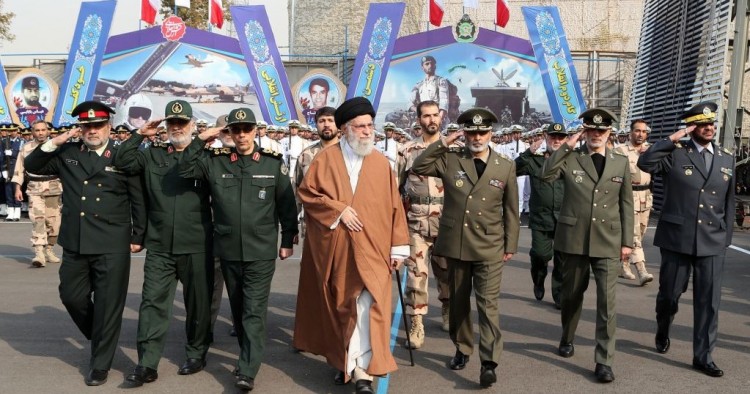 Iranian Supreme Leader Ayatollah Ali Khamanei (C) and Islamic Revolutionary Guard Corps commander Hossein Salami (L2) participate in the Khatam al-Anbia Air Defense University graduation ceremony in Tehran, Iran on October 30, 2019.