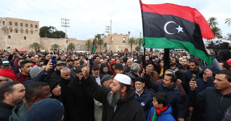 Thousands of people gather at Martyr's Square within a funeral ceremony held after an airstrike on a military school in the south of the Libyan capital of Tripoli by jets loyal to renegade military commander Khalifa Haftar, in Tripoli, Libya on January 05, 2020. 