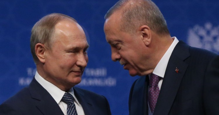 Russian President Vladimir Putin (L) and Turkish President Recep Tayyip Erdogan (R) attend the opening ceremony of the TurkStream on January 08, 2020 in Istanbul, Turkey. 