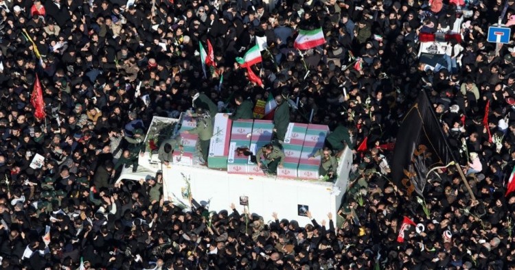 A drone photo shows thousands of Iranians attend the funeral ceremony of Qasem Soleimani, commander of Iranian Revolutionary Guards' Quds Forces, who was killed in a U.S. drone airstrike in Iraq, in Tehran, Iran on January 06, 2020. 