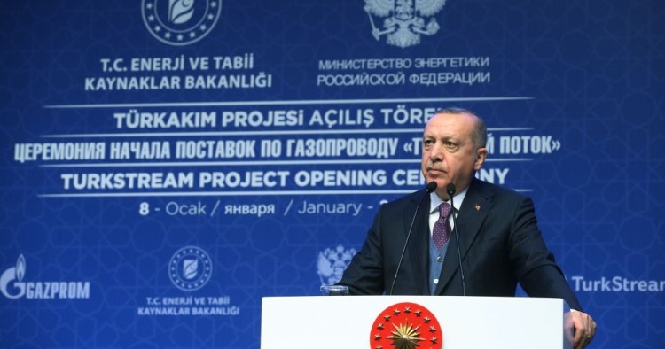 President of Turkey Recep Tayyip Erdogan and his Russian counterpart Vladimir Putin (not seen) attend the opening ceremony of TurkStream natural gas pipeline project, at Halic Congress Center in Istanbul, Turkey on January 08, 2020. 