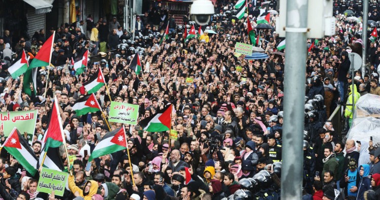 Thousands of Jordanians protested on Friday against President Trump's Middle East Peace Plan on January 31, 2020 in Amman, Jordan. 