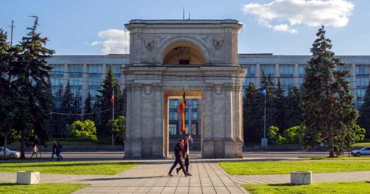 The Triumphal arch opposite the Government House in central Chisina, the capital of Moldova. 