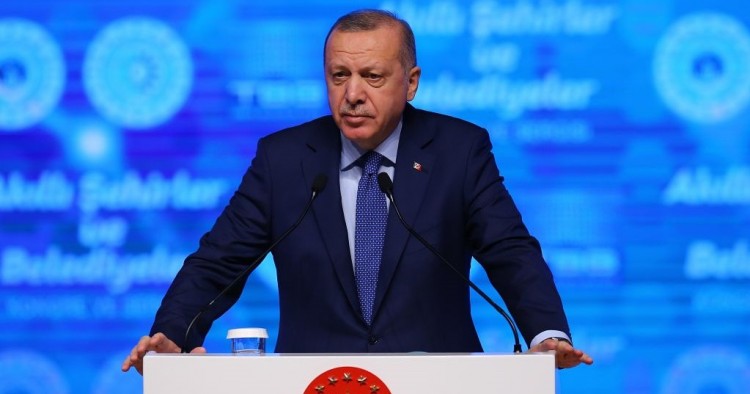  Turkish President Recep Tayyip Erdogan makes a speech as he attends Sister Municipalities Consultation and Evaluation Meeting at AK Party Headquarters in Ankara, Turkey on January 15, 2020.