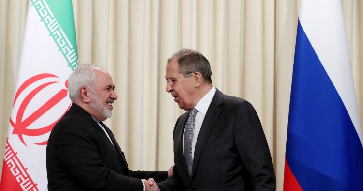 MOSCOW, RUSSIA - DECEMBER 30, 2019: Iran's Foreign Minister Mohammad Javad Zarif (L) and Russia's Foreign Minister Sergei Lavrov shake hands during a press conference following their meeting at the Russian Foreign Ministry's Reception House in Spiridonovka Street. Vladimir Gerdo/TASS (Photo by Vladimir Gerdo\TASS via Getty Images)