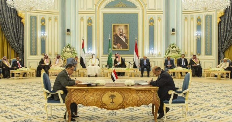 Yemeni Deputy Prime Minister Ahmed Saeed al-Khanbashi (R) and Southern Transitional Council (STC) representative Nasser al-Habci (L) are seen during a signing ceremony of 'Riyadh Agreement' between the Yemeni government and the United Arab Emirates (UAE)-backed separatist forces, Southern Transitional Council (STC) in Riyadh, Saudi Arabia on November 05, 2019.