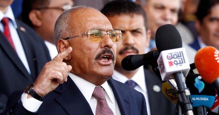 Yemen's ex-president Ali Abdullah Saleh gives a speech addressing his supporters during a rally as his General People's Congress party, marks 35 years since its founding, at Sabaeen Square in the capital Sanaa on August 24, 2017. 