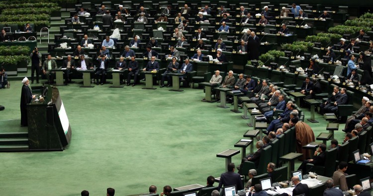 Iran's President Hassan Rouhani delivers a speech presenting the Islamic republic's new budget for the financial year starting late March 2020 in Tehran on December 8, 2019. - Rouhani described it as a "budget of resistance" against crippling sanctions imposed by arch-enemy the United States. (Photo by STR / AFP) (Photo by STR/afp/AFP via Getty Images)