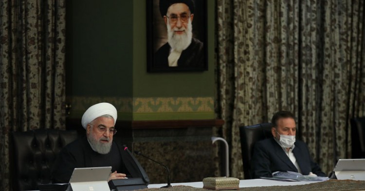  Iranian President Hassan Rouhani makes a statement on coronavirus, at the cabinet meeting in Tehran, Iran on March 11, 2020. Except President Rouhani, all of the members of the cabinet participated in the meeting with protective masks. 