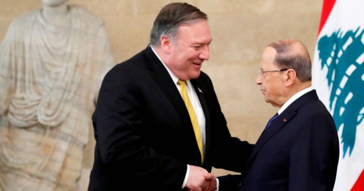US Secretary of State Mike Pompeo (L) meets with Lebanon's President Michel Aoun (R) at the presidential palace in Baabda, east of the capital Beirut on March 22, 2019. 