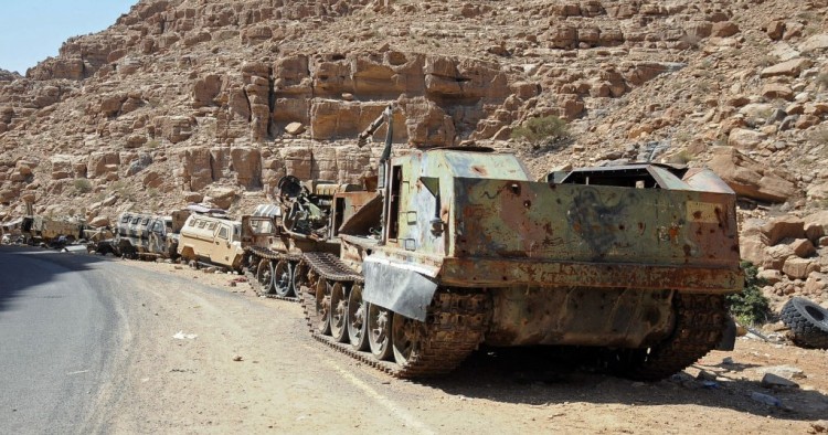 destroyed military vehicles are seen at Houthi-controlled areas following heavy fighting between them and forces loyal to the internationally recognized government on February 6, 2020 in Al-Jawf province, Yemen.
