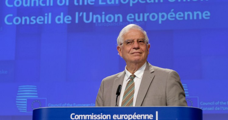 BRUSSELS, BELGIUM - APRIL 22: High Representative of the European Union for Foreign Affairs and Security Policy Josep Borrell Fontelles talks to the media at the end of the meeting of the EU Foreign affairs Ministers on April 22, 2020 in Brussels, Belgium. The Coronavirus (COVID-19) pandemic has spread to many countries across the world, claiming over 178,000 lives and infecting over 2.5 million people. (Photo by Thierry Monasse/Getty Images)