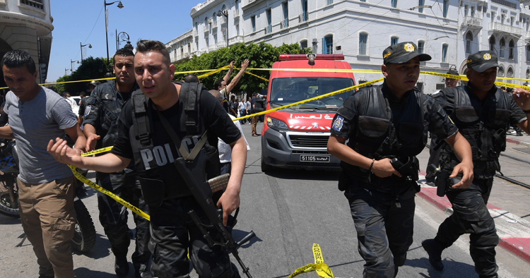 A suicide attack targeted police on the main street of Tunisia's capital morning, wounding a civilian and several police personnel, a police officer at the scene told AFP. (Photo by Fethi Belaid / AFP) (Photo credit should read FETHI BELAID/AFP via Getty Images)