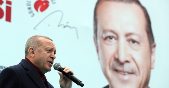 President of Turkey and the leader of Turkey's ruling AK Party Recep Tayyip Erdogan delivers a speech during a campaign rally for March 31 local elections in Gaziosmanpasa district of Istanbul, Turkey on March 16, 2019.