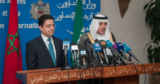 Minister of Foreign Affairs of Saudi Arabia Adel al-Jubeir (R) and Morocco's Minister of Foreign Affairs and International Cooperation Nasser Bourita (L) hold a joint press conference after their meeting in Rabat, Morocco on May 8, 2017. 