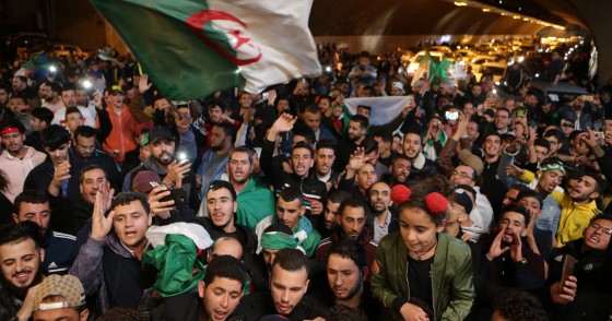 Hundreds of people celebrate during a demonstration after the resignation of Algerian President Abdelaziz Bouteflika, on April 02, 2019 in Algiers, Algeria.