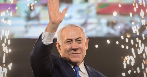  Benjamin Netanyahu, Prime Minister of Israel, beckons supporters after the polling stations have been closed.